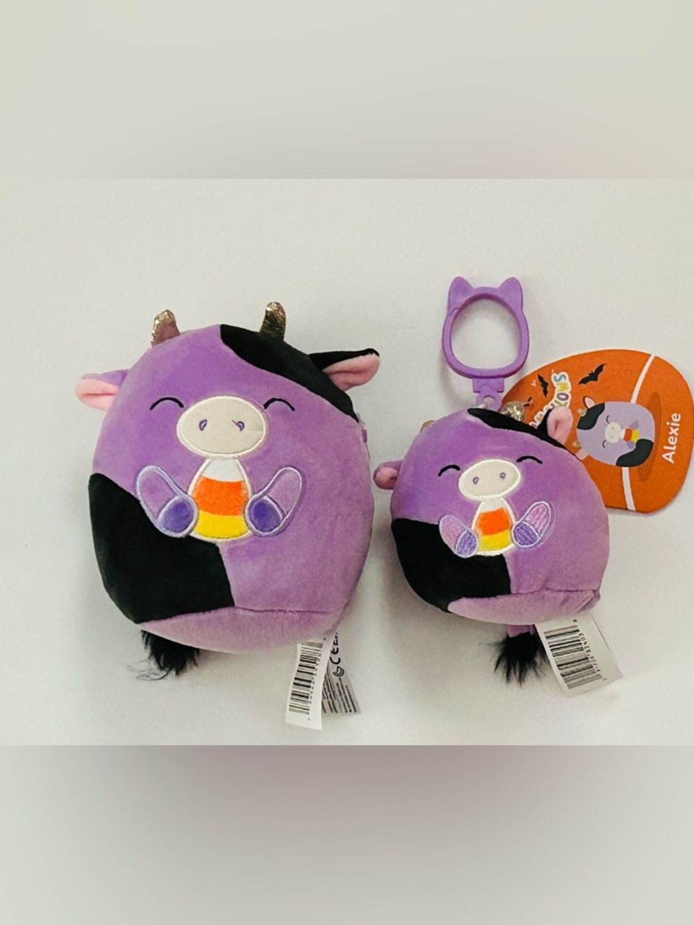 5” Squishmallows Alexie the Cow with Candy Corn & Matching Plush Clip Set (NWT)